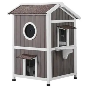 VEVOR Outdoor Cat House Weatherproof,  , Feral Cat Shelter for Multiple Cats, 2-story Large Outdoor Wooden Cat House with Doors, PVC Door Flaps, A Clear Window, 23"L x 26"W x 36"H