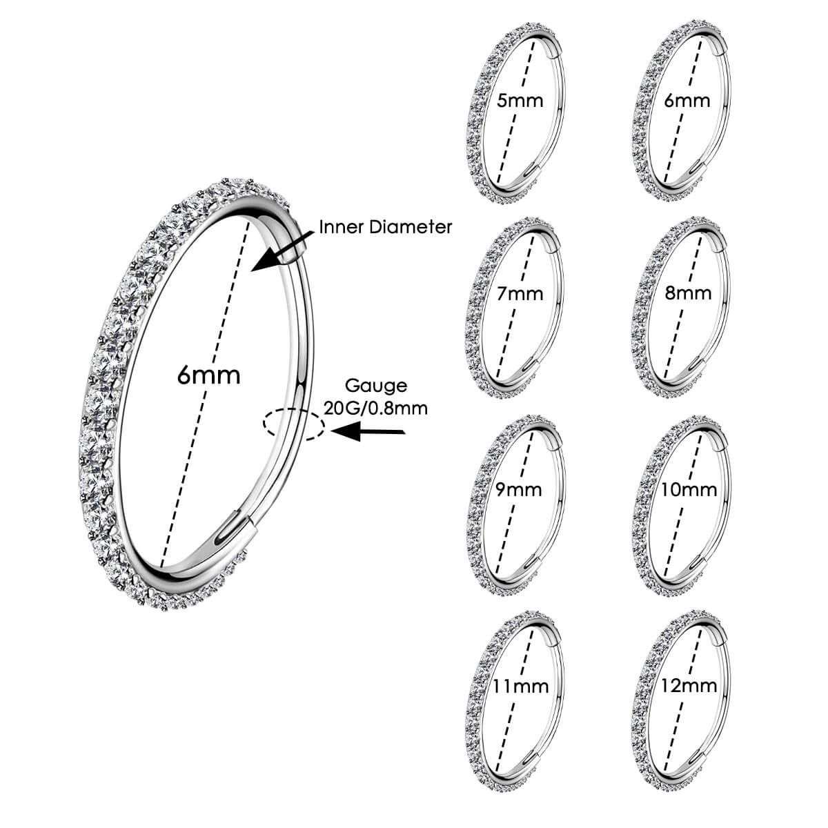 OUFER 20G Micro Gem CZ Hinged Nose Nostril Piercing Hoop Ring 316L Stainless Steel Body Jewelry Black Purple Pink Green Blue Inner Diameter 5mm-12mm Artificial Zircon