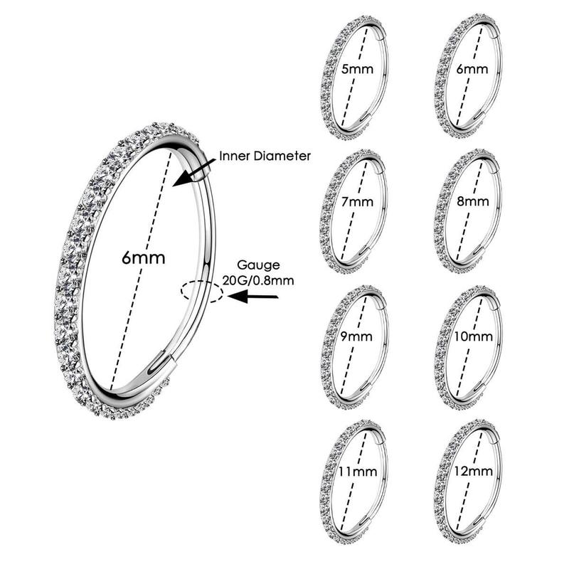 OUFER 20G Micro Gem CZ Hinged Nose Nostril Piercing Hoop Ring 316L Stainless Steel Body Jewelry Black Purple Pink Green Blue Inner Diameter 5mm-12mm Artificial Zircon