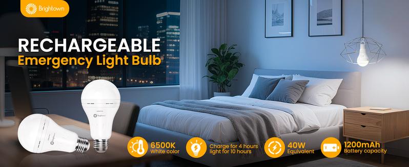 Brighttown Rechargeable Emergency Light Bulb, 60W Equivalent, 7W 1200mAh 6500K Daylight White 620LM Battery Powered Backup Bulb for Home, Lamps, Power Outages, Camping, Hurricanes, 6-Pack