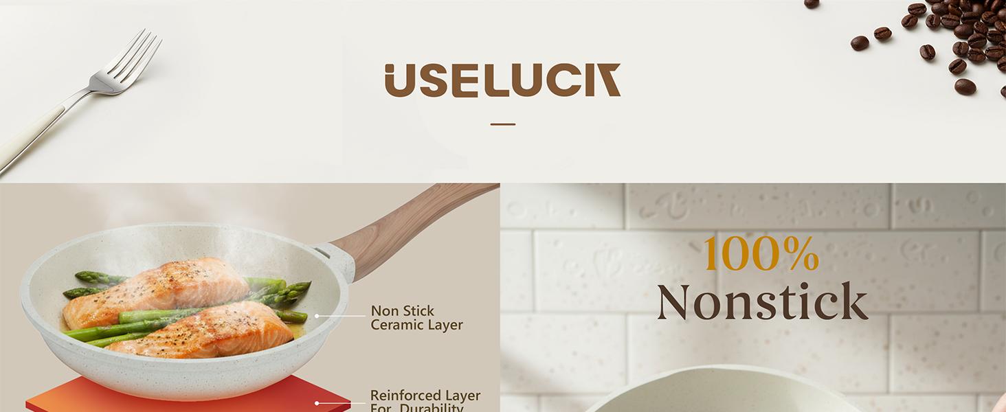 USELUCK Pots and Pans Set Non Stick Non-Toxic 22 Pcs Ceramic Cookware Sets Nonstick Kitchen Pot&Pan With Lid Cream White Granite Induction Compatible with Glass Lids Crepe Frying Pan PFOA/PFOS-Free