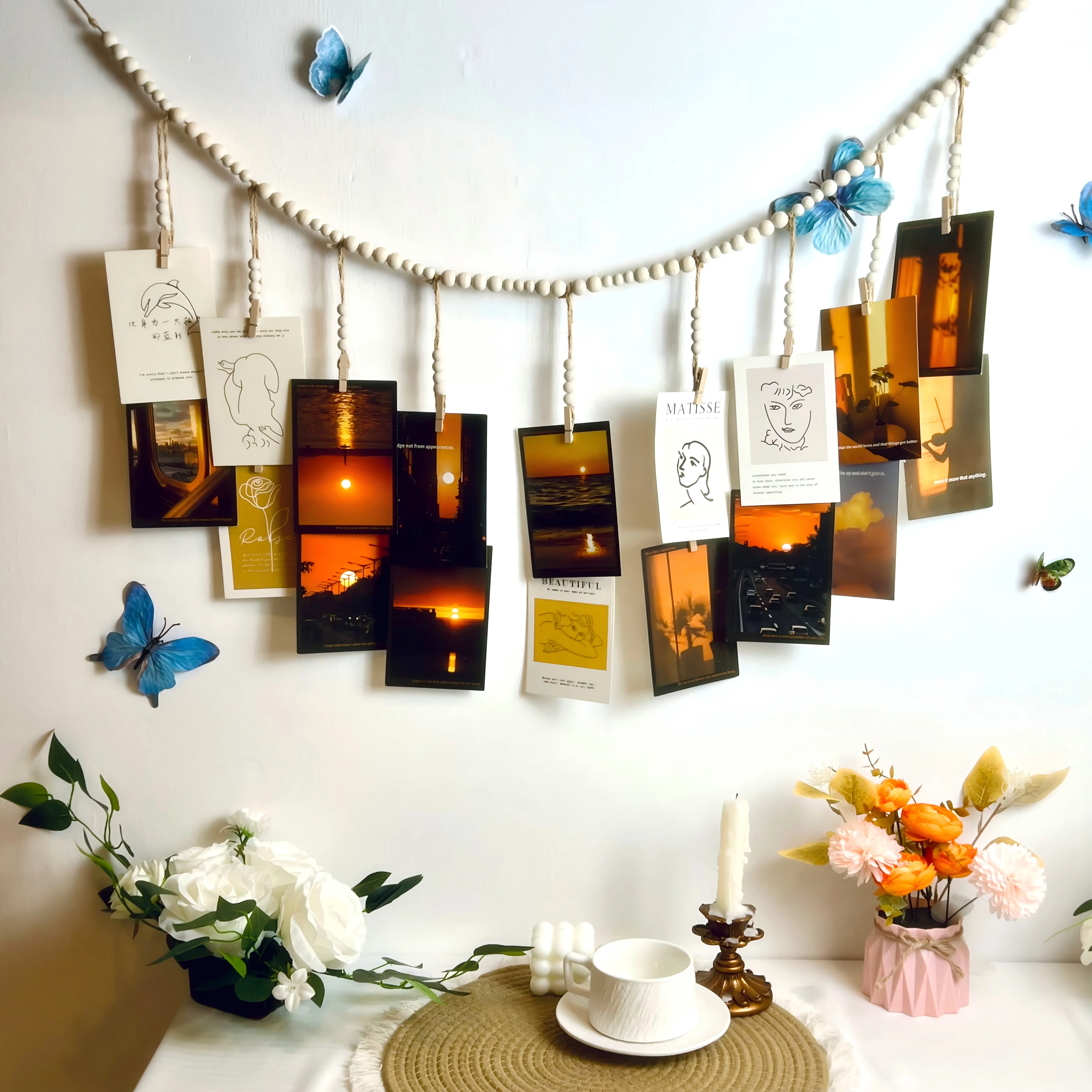 Rustic Boho Wooden Bead Garland Hanging Photo Display Wall Decor - String with Clips for Dorm, Bedroom, Home Office Art & Wall Hanging Decor