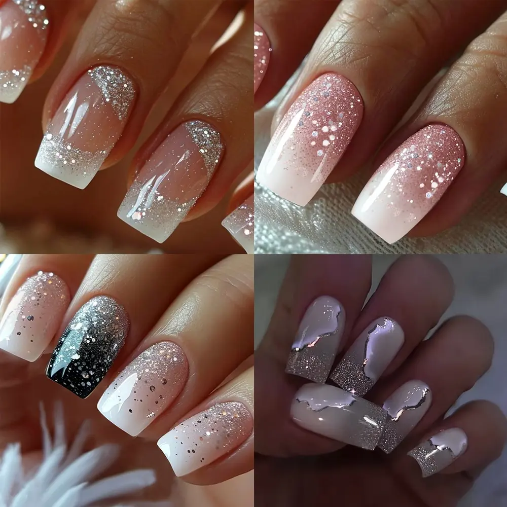 96pcs Medium Square Glossy Colorful Press-On Nails, Glitter Accents, Full Coverage Acrylic False Nails, Ideal for Women and Girls, Glittering Fake Nails