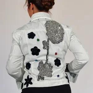 White Crystal Appliqué & Fringe Embellished Denim Jacket