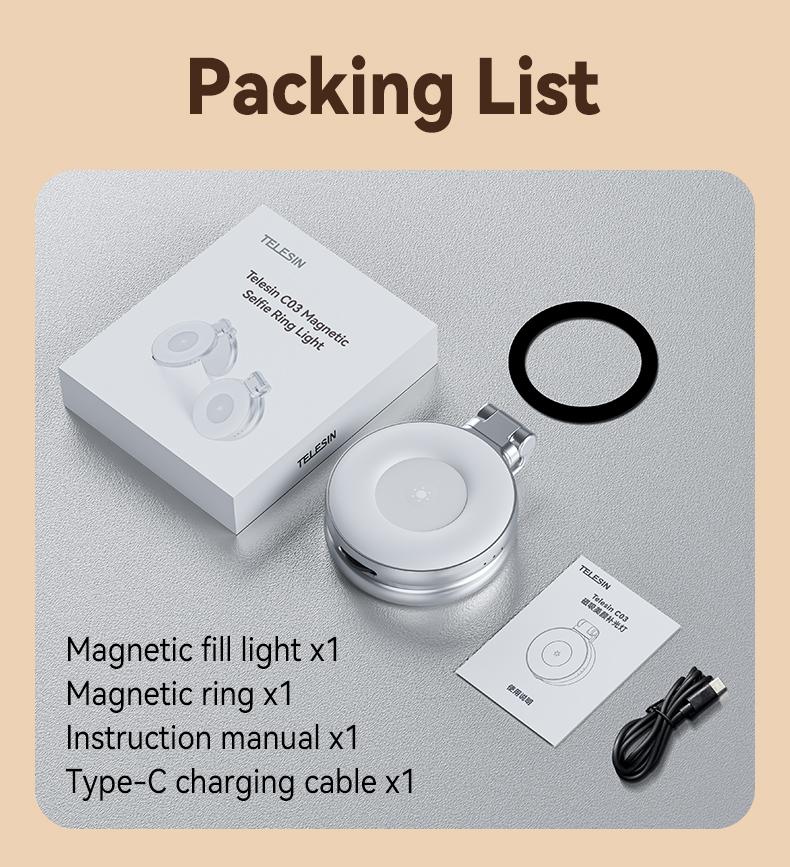 【TikTokShopStockUp】TELESIN 3-in-1 Magnetic Mirror Selfie Light –360° LED Ring Light with MagSafe, Mirror and Phone Stand, Portable Rechargeable Fill Light, 3 Color Temperatures for Makeup, Live Streaming, Video Calls, Gift, Compatible with iPhone 17