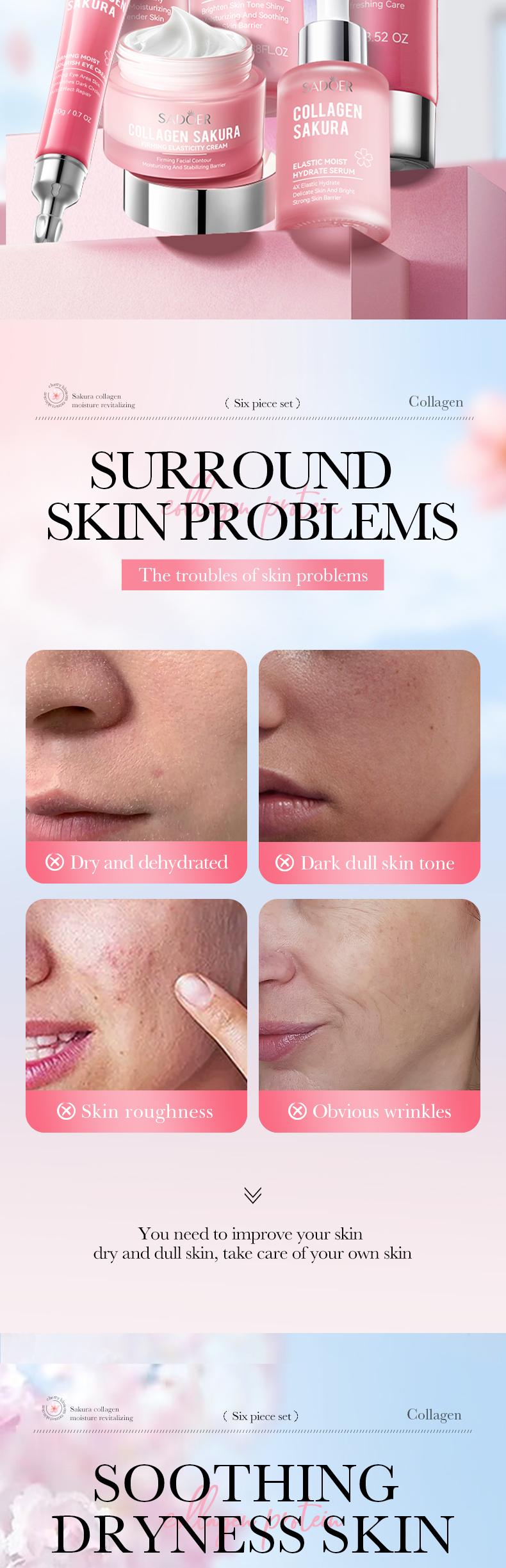 Collagen Sakura Moisturizing Revitalizing Six Piece Set - Hydrating Skin Care Kits for Radiant Glow & Plump Smooth Skin