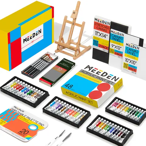 MEEDEN 48-Color Acrylic Paint Set - 68-Piece Art Supplies Kit with Beech Wood Tabletop Easel, 10-Piece Art Brushes, Canvas Set, Portable Box for Beginners & Artists, Art Paints For Artists