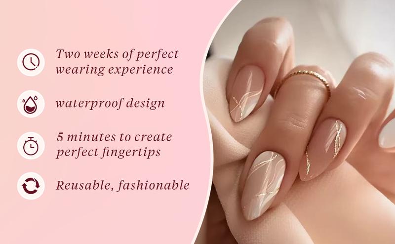 Short Description: Chic french tip slim gold line fake nails, 24pcs medium almond press ons. Waterproof & , fit most nail sizes, ideal for women work, date and daily wear. Luxury Reusable