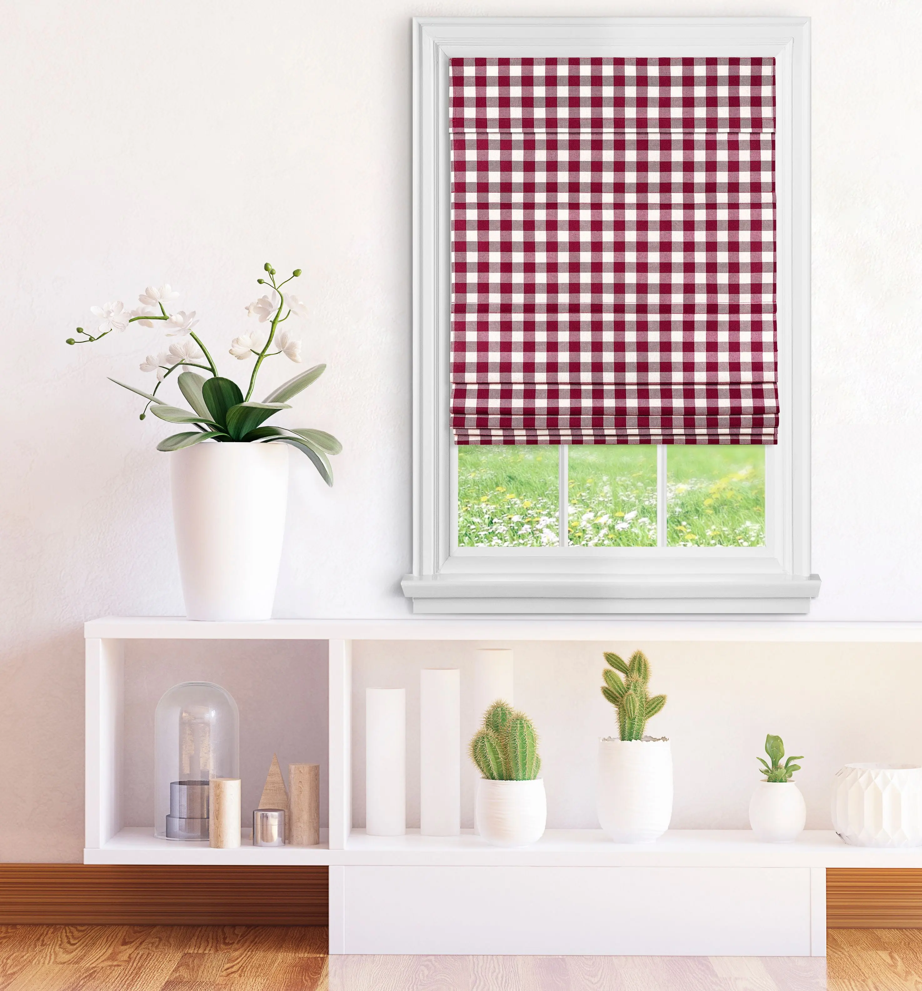 Achim RSBC33BU04 Cordless Plaid Roman Window Shade, 33x64 in, Burgundy, Pleated Poly-Cotton Window Blind
