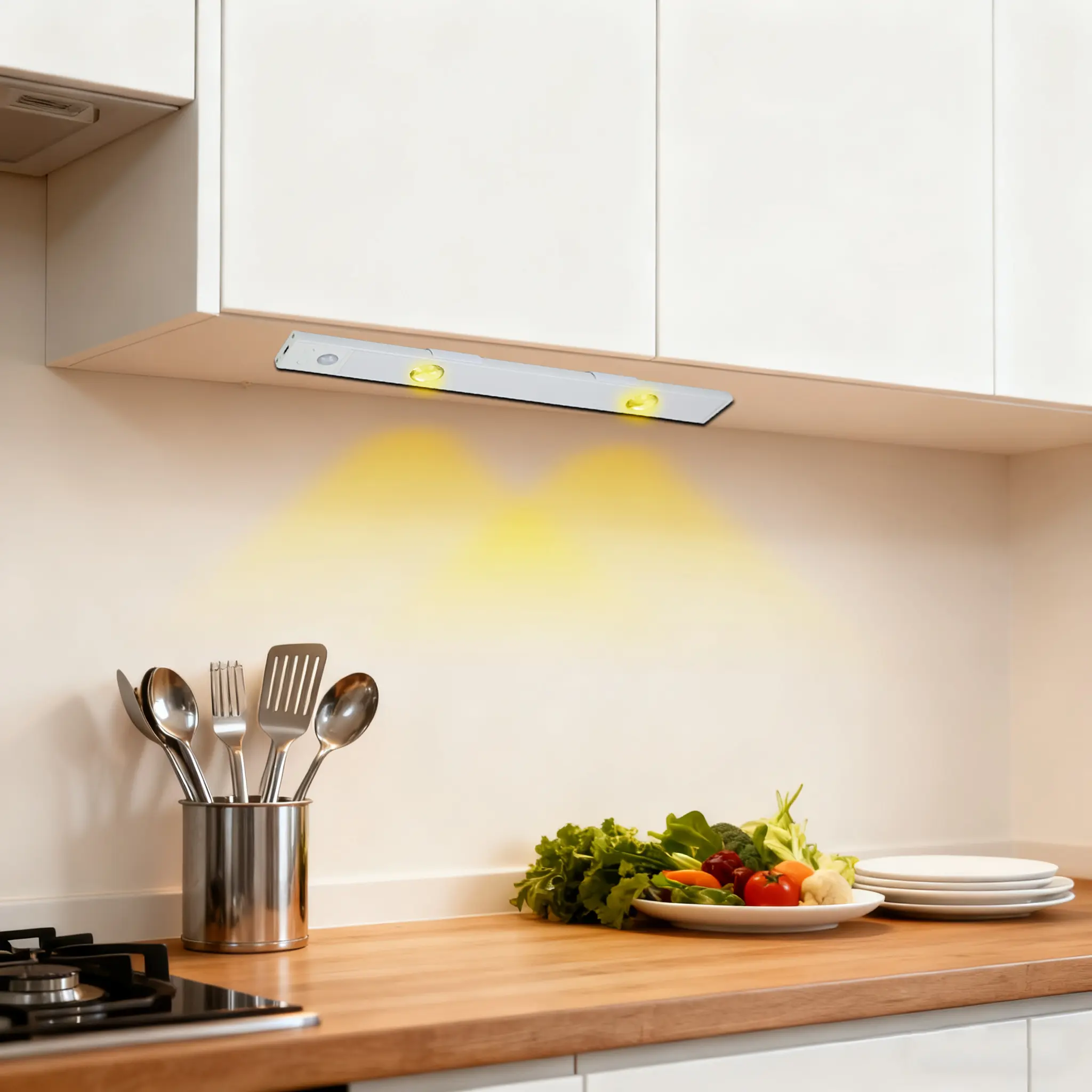 Wireless Magnetic Cabinet Lighting Motion Sensor Dimmable 12/24 Inch Under Cabinet Lighting Plug in, 7W 120V 3 Color 3000K/4000K/5000K, 3 Brightness, Ultra Thin Under Counter Lights for Kitchen, Linkable WhiteSuper Bright Rechargeable LED Bulbs
