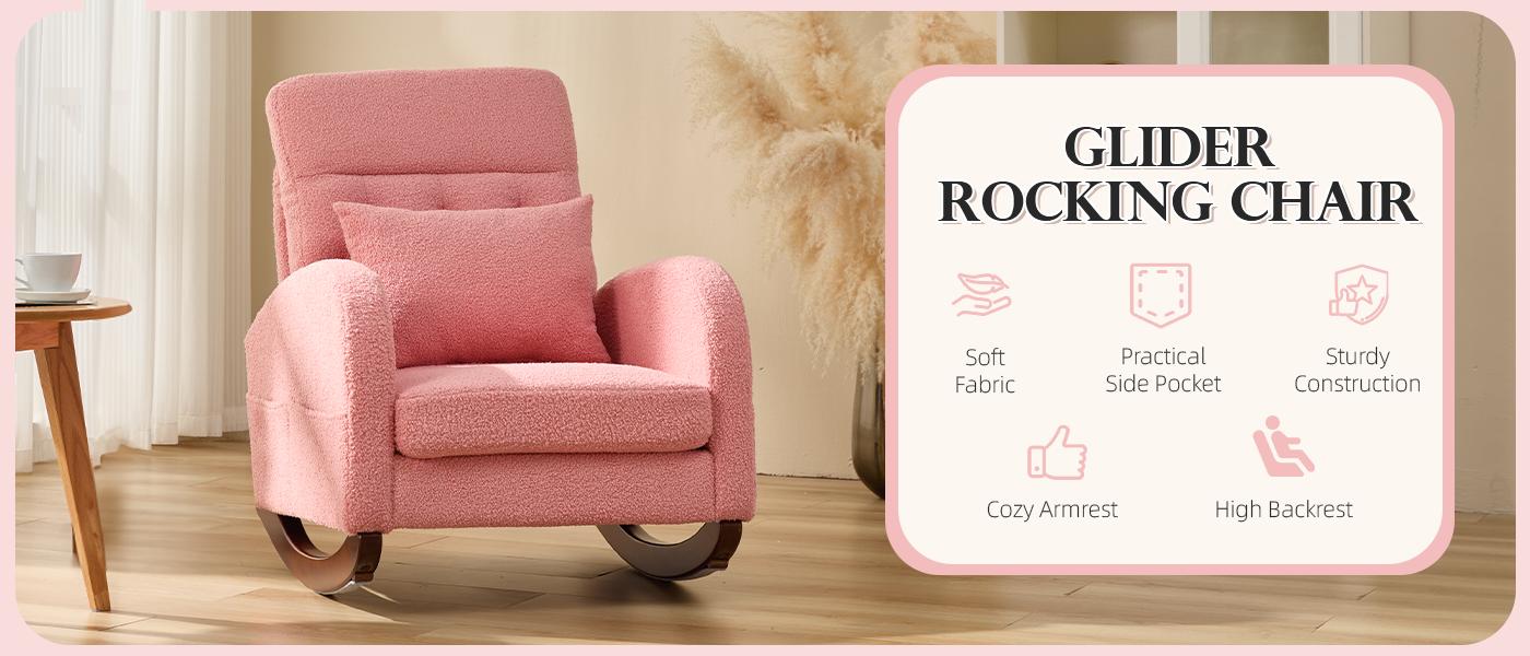 EROMMY Nursery Rocking Chair Teddy,Upholstered Glider Rocker with Side Pocket and Cushion,Modern Reading Chair with High Backrest and Rubber Wood Legs, Accent Armchair for Indoor Ergonomic Design Recliner Interior