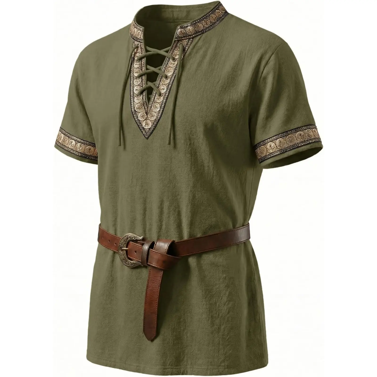 Runcati Men's 100% Cotton Medieval Pirate Shirt - Lace-Up Menswear Casual Plain Clothes, Renaissance Viking Scottish Halloween Costume Tops, Embroidered Hem, Cosplay Style Costume Tops