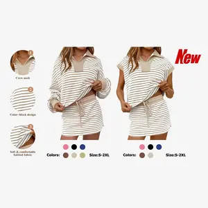 Striped 2 Piece Outfits Casual Sweatshirt Skirt Set Long Sleeve Skort Workout Set Matching Lounge Sets Women's Matching Sets Women#Springtok#TikTokShopHolidayHaul#TikTokShopJumpstartSale Fabrics Elastic two piece set Elegance Shorts