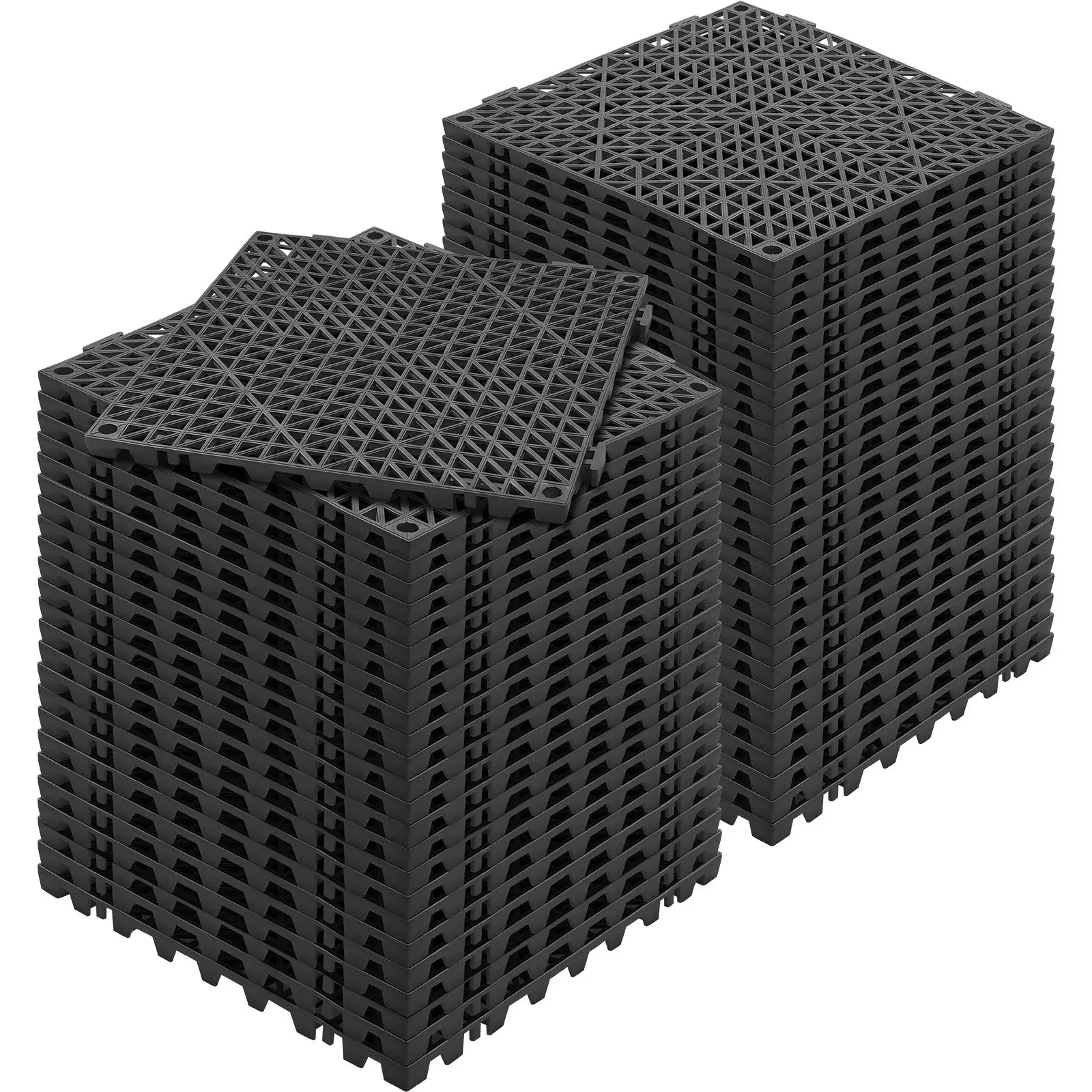 55 Pcs Black Interlocking Perforated Drainage Floor Tiles with Locking Tabs - 12x12x0.6in Soft PVC, Non-Slip for Pool Wet Areas, Bathroom (Tools & Hardware Accessory), 12 X 12 X 0.6 Inch