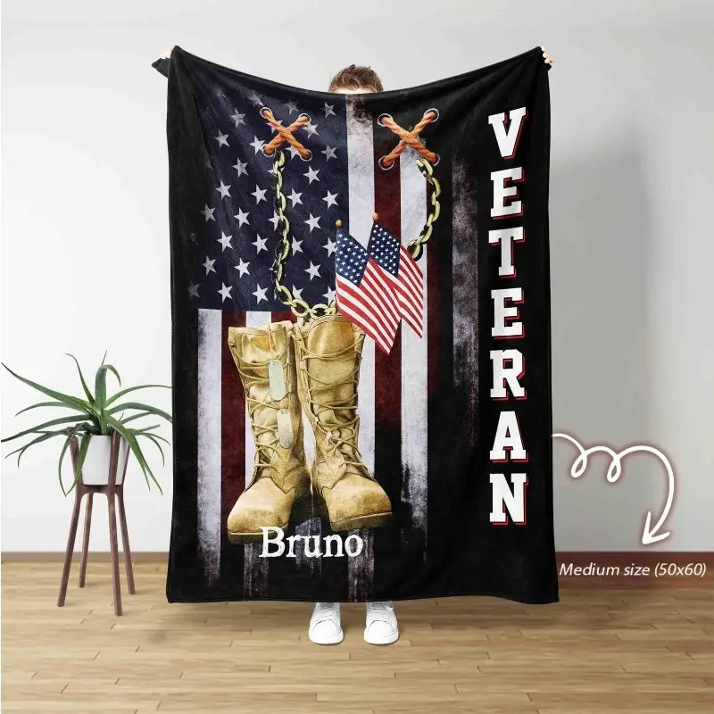 Personalized Veteran Blanket with Name, Military Boots & American Flag Gift for Veterans, American Army Blanket, America Veteran Blanket