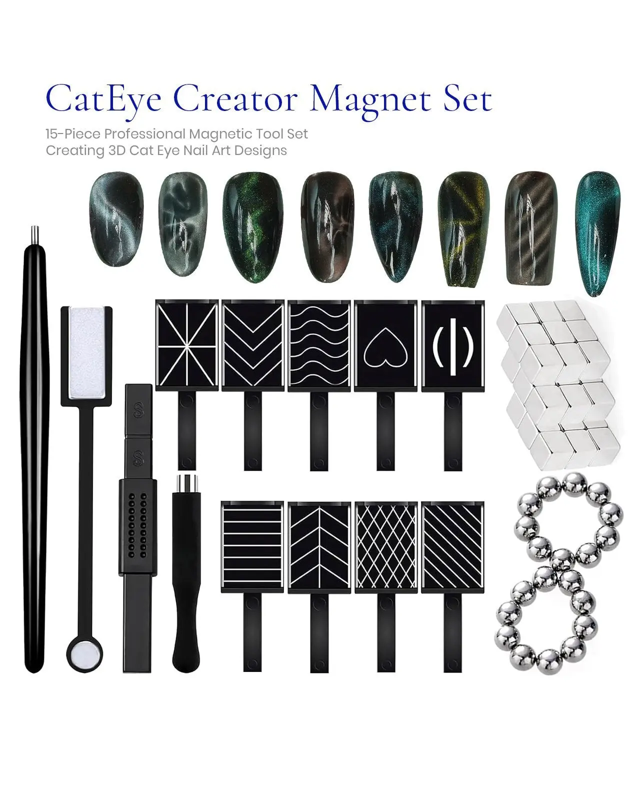 RUBY VIBE CO Cat Eye Creator Magnet Set - 15 Piece Magnetic Tool Set for Creating 3D Cat Eye Nail Art Designs, Multi-Effect Wand for Cat Eye Gel Polish and DIY Magnetic Nails