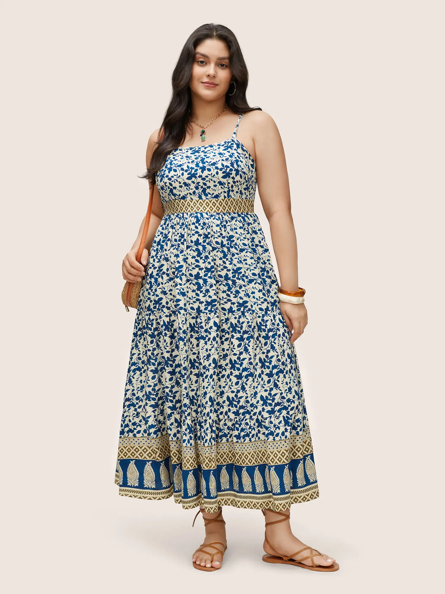 【Easter's Haul】【Boho】 Bloomchic Boho Print Patchwork Adjustable Straps Cami Dress 2026 Spring Break Gift For Easter's Day Mother's Day