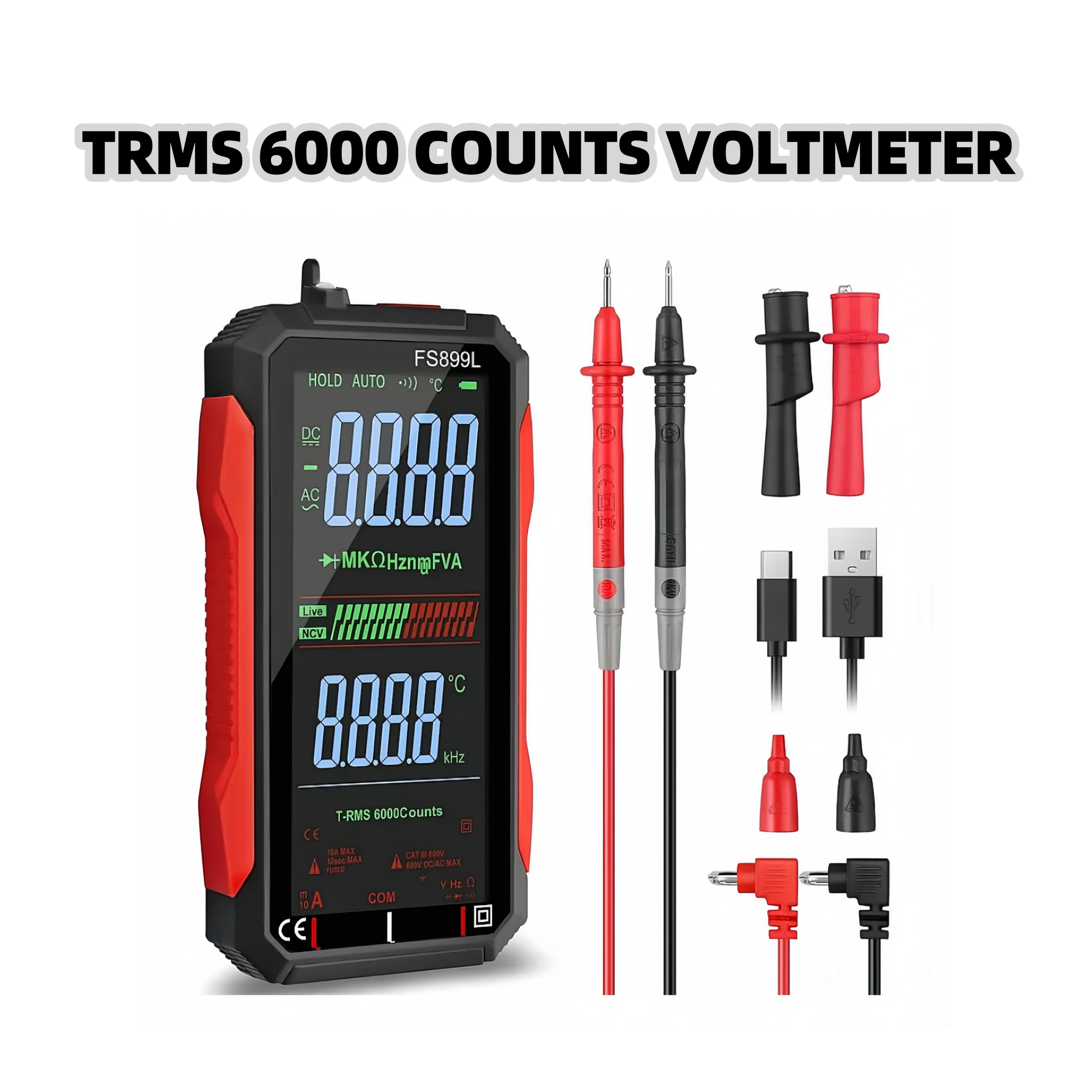 Fully automatic intelligent digital multimeter with a 4.8-inch color screen. It measures AC/DC voltage, resistance, capacitance, temperature, NCV, diodes, and continuity. A versatile meter for electrical circuit repair.