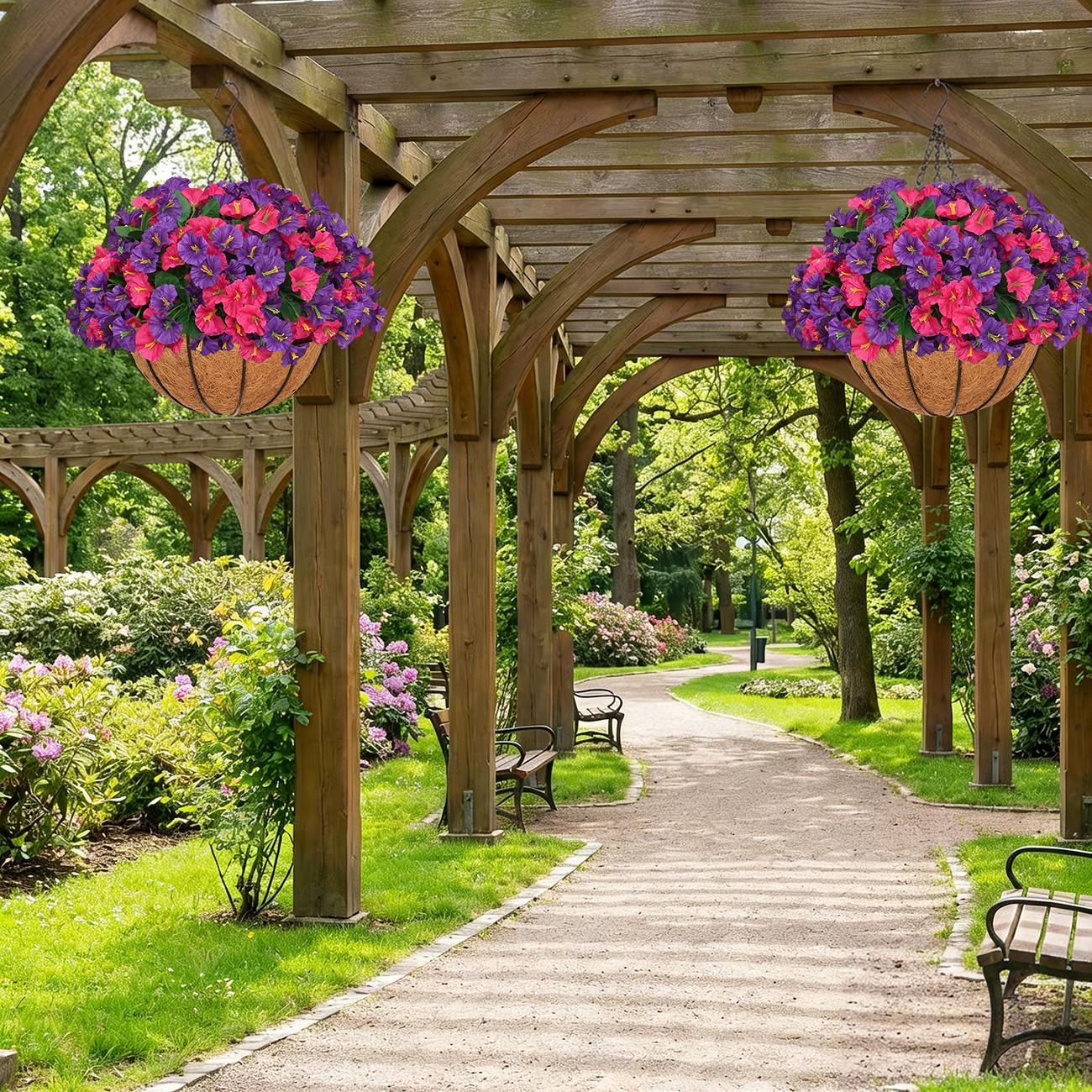 2 Pcs Artificial hanging plant and flower basket, perfect for spring and summer outdoor decoration.  Features realistic silk morning glory flowers, UV-resistant, and suitable for porches, patios, balconies, and gardens.