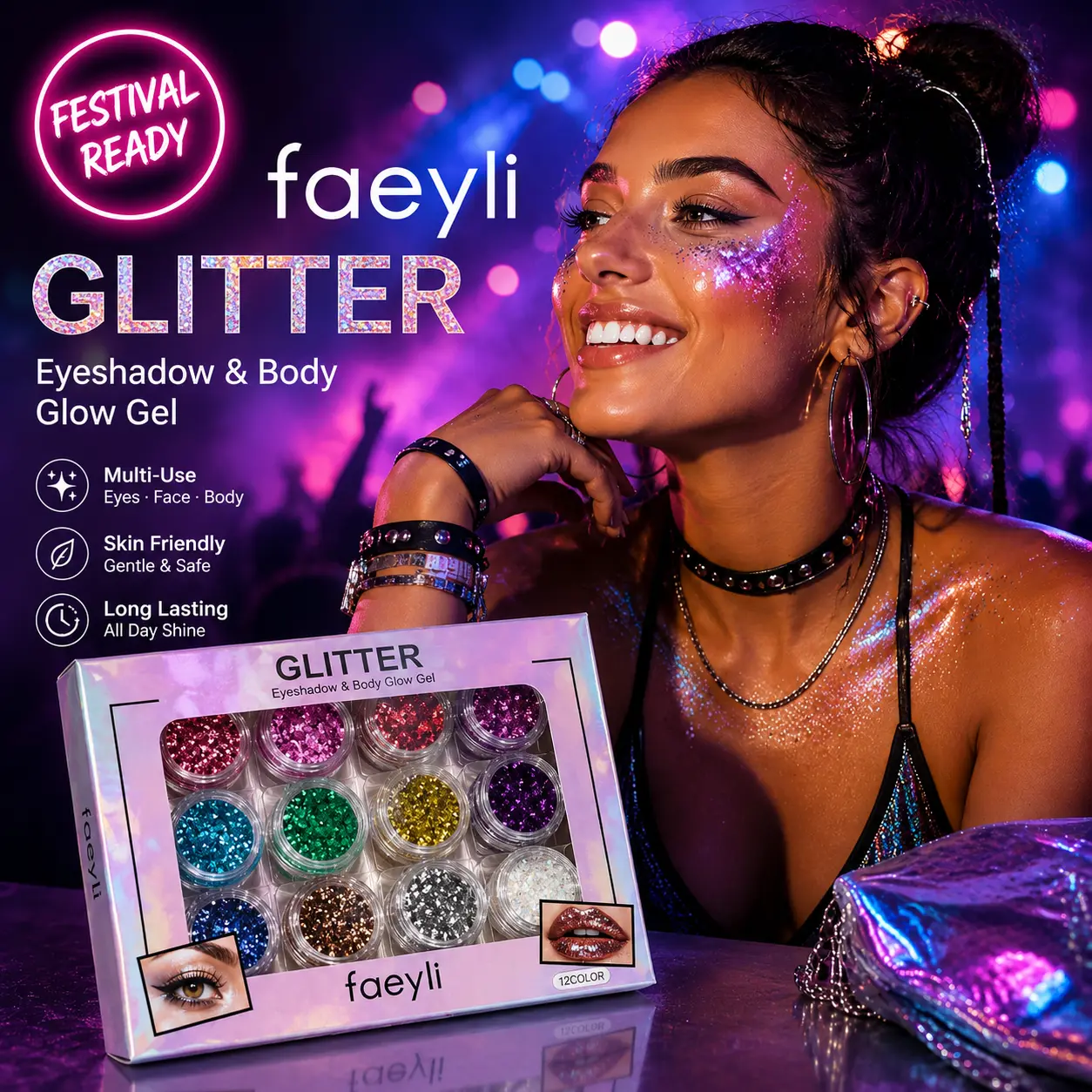 Glitter Eyeshadow & Body Gel Set - Multi-Color Chunky Sequins, Self-Adhesive Shimmer Gel for Face, Lip, Stage Makeup, Cosplay