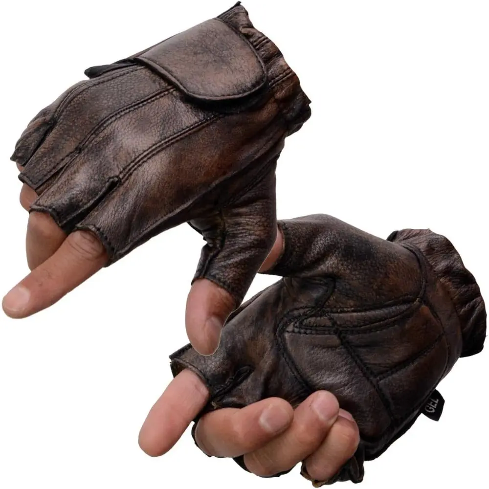Men's Premium Brown Cowhide Leather Fingerless Motorcycle Gloves with Gel-Padded Palm, Vibration Reduction, Adjustable Strap for Teens - Ideal for Driving, Boating, Shooting