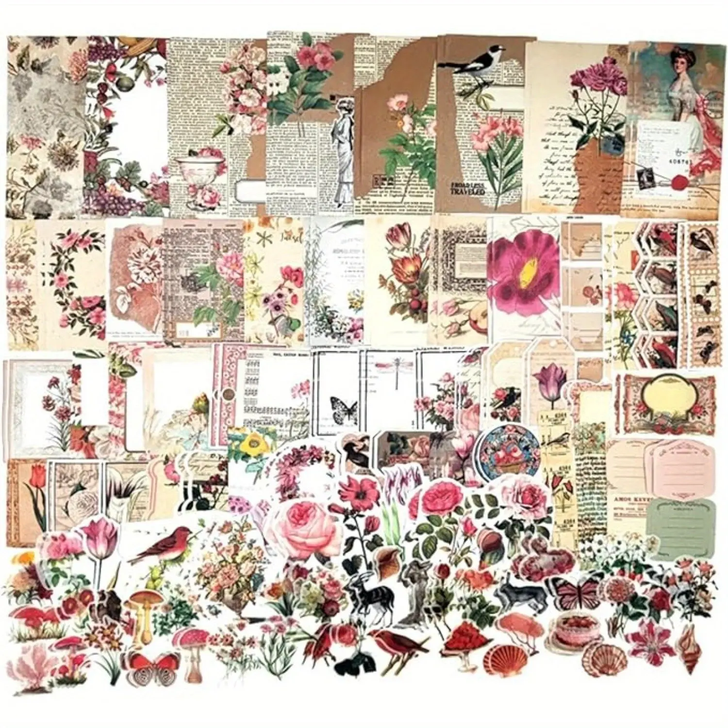 200PCS Vintage Scrapbooking Supplies Kit - Rustic Nature-Inspired Ephemera, Color-Coordinated Designs Floral Sticker Paper, Animals Collectibles, Office Stationery for Crafting, Endless Projects Journaling Planners, Cottagecore Decor