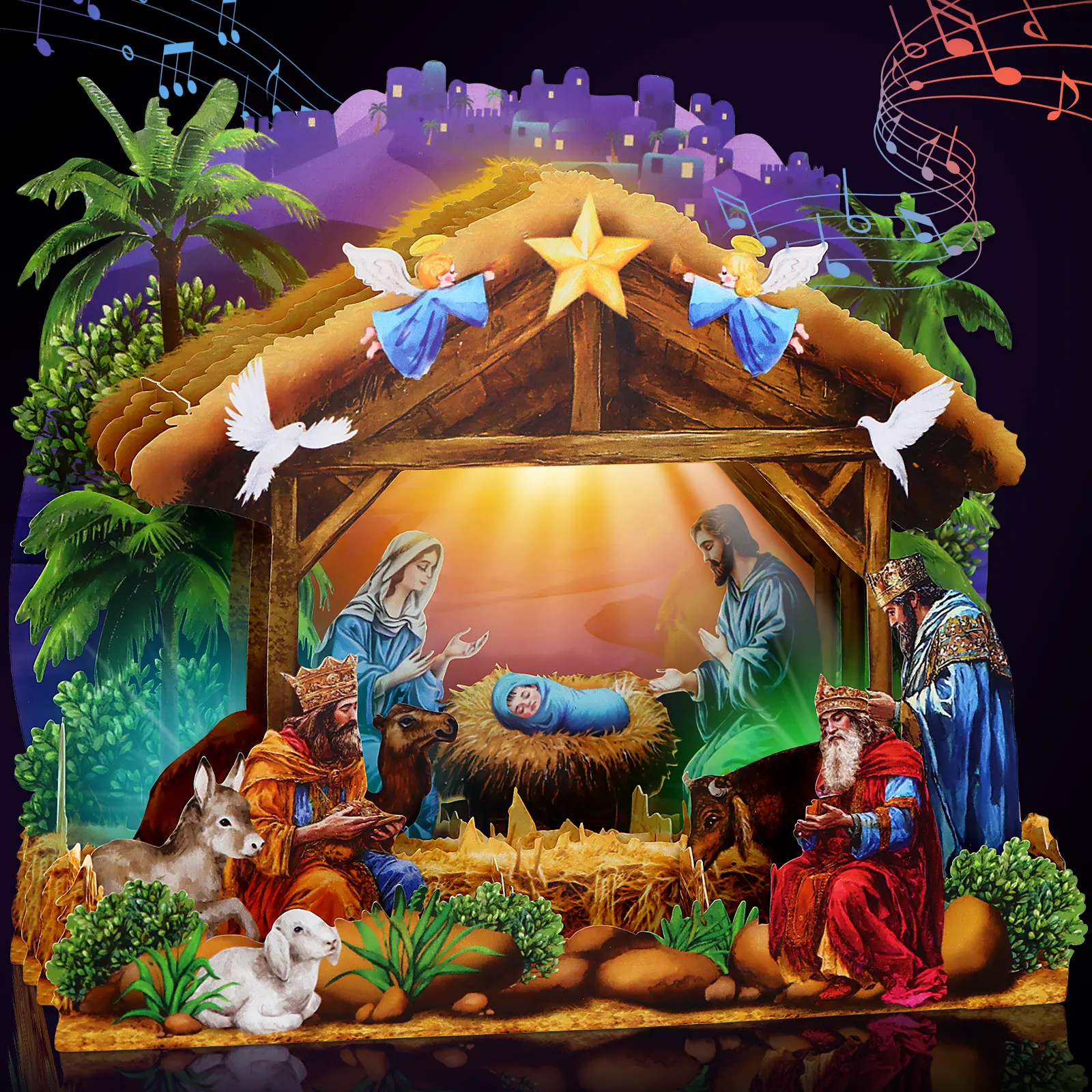 FaCraft Religious Nativity Musical Christmas Cards - Handmade Laser-Cut 3D Music+Lights Thick Paper Office Stationery, Blank Insert, Included LR1130, Jesus Birth Scene, Envelope, Seal for Christmas Parties, Church Members, Built-In Music