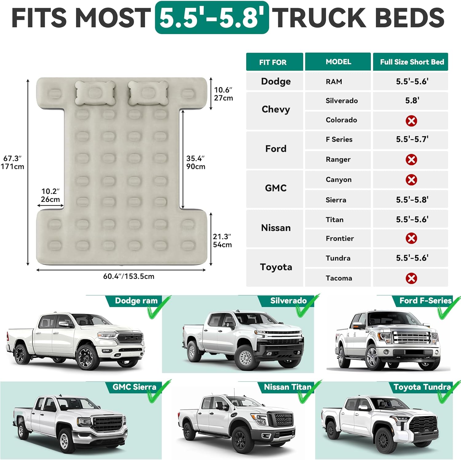YITAMOTOR Truck Bed Air Mattress for 5.5-5.8 ft Full-Size Short Truck Beds, Inflatable Car Mattress Bed with Pump, Pillows, Carry Bag & Repair Kit for Outdoor, Travel, Camping (Black&Gray,Black&Brown) YITAMOTOR Truck Bed Air Mattress for 5.5-5.8 ft Full-Size Short Truck Beds, Inflatable Car Mattress Bed with Pump, Pillows, Carry Bag & Repair Kit for Outdoor, Travel, Camping (Black&Gray,Black&Brown)