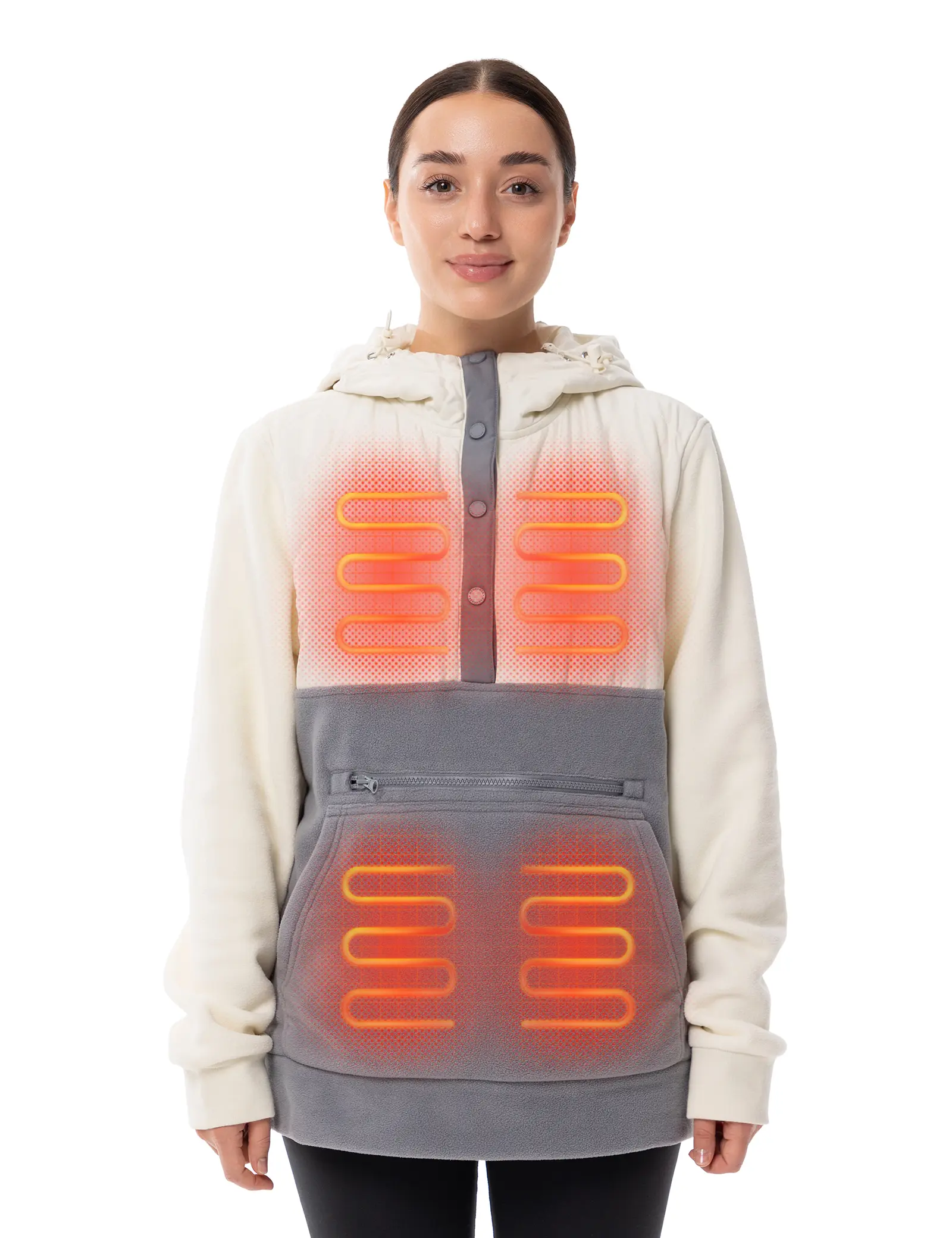 HENNCHEE Women's Soft Long Sleeve Heated Hoodie - Fleece Pullover Jumper with 5 Heating Zones, 16000mAh Battery Pack, Dual Control, Zip Pocket, Fitted Polyester for Casual Outdoors (Hand Wash Only), Hoodie/Jumper