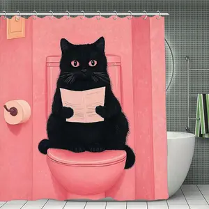 Adorable Black Cat Shower Curtain, Funny Toilet-reading Cat Design Pink Bathroom Curtain, Waterproof & Washable Fabric Bath Curtain 72" Cat-themed Bathroom Decor for Home