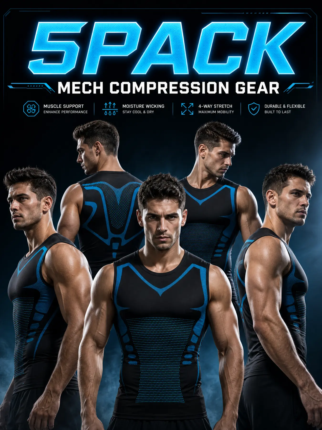 Men's 5 Pack Moisture-Wick Tank Tops, Sleeveless 3D Compression Ice Cool Athletic Undershirts for Gym, Running & Training, Machine Wash, Athletic Look