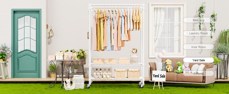 P4 Plus ULIFHOME Rolling Clothing Racks for Hanging Clothes, Heavy Duty,  Free Standing Garment Racks with Wheels, Portable Closet Rack 45''W × 20.5''D × 80.5''H, Max Load 570 Lbs, White