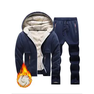 Men's Winter Fleece Set Hoodie + Thickened Pants, Zipper Pocket Design, Casual Fitted Long Sleeve, Outdoor Warm Two-Piece
