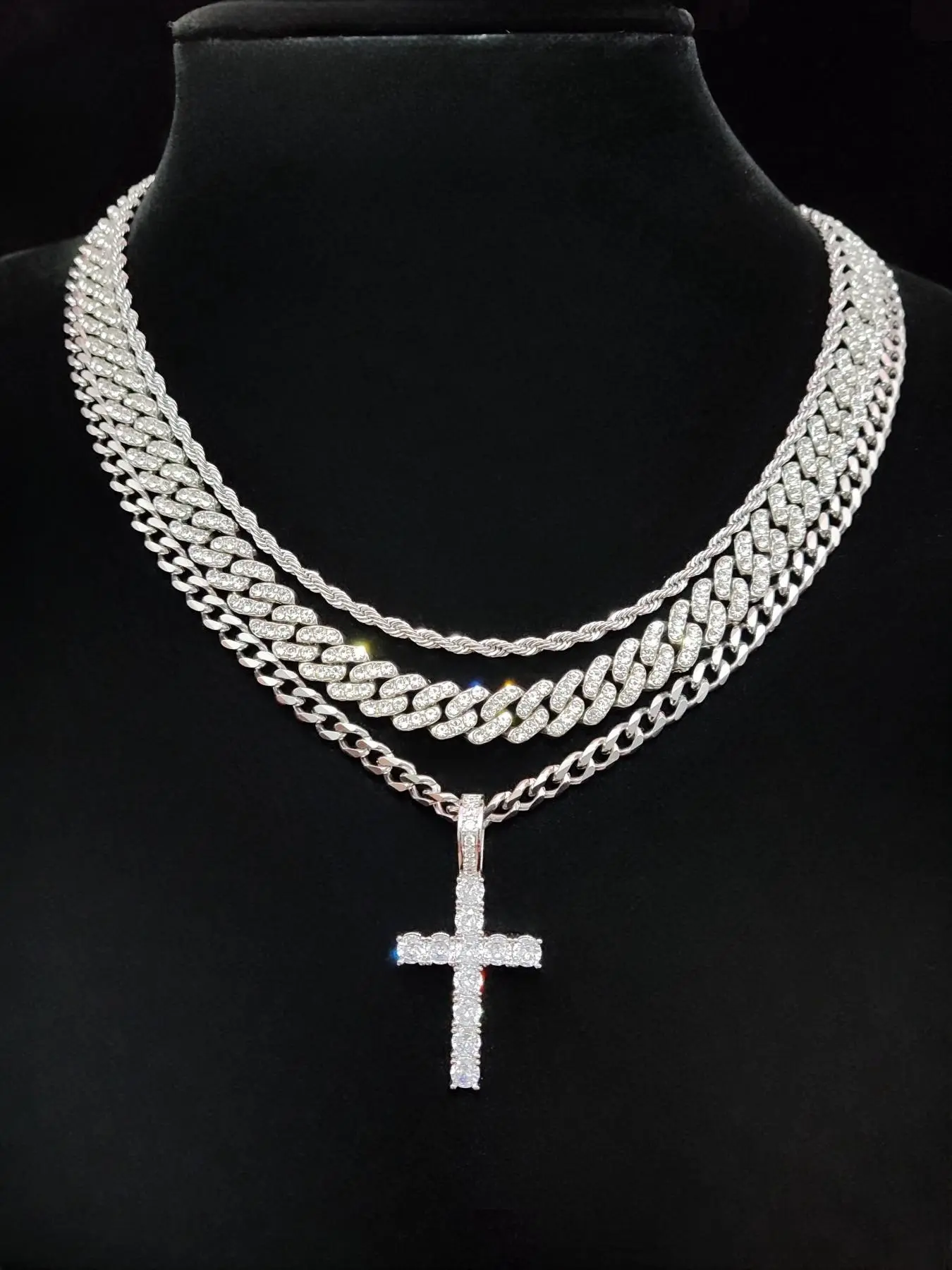 Street Style Artificial Zircon Inlaid Iced Out Cross Pendant & Cuban Link Design Chain Necklace, Costume Jewelry Necklace, Fashion Jewelry for Party, Daily Clothing Decor, Trendy All-match & Exquisite Jewelry for Birthday Gift, Zircon Stones Necklace