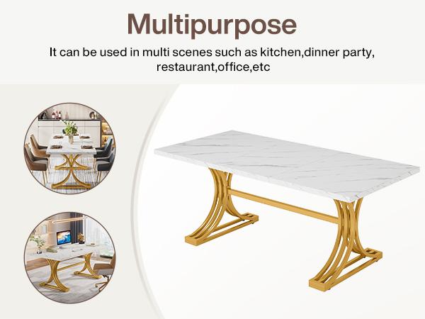 Tribesigns 63-Inch Rectangular Dining Table for 4 to 6, Modern Kitchen Table with Stylish Metal Trestle Legs, Large Dinner Table for Dining Room, Chair Not Included (White+Gold)