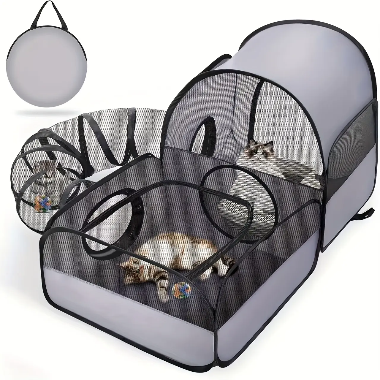3-in-1 Cat Playpen with 360-Degree Tunnel Access, Soft Breathable Mesh, 1-Second Open, No Assembly, Storage Bag, Durable Spacious Design, Indoor/Outdoor Pet Travel Accessory, Great for Home, Camping, Travel