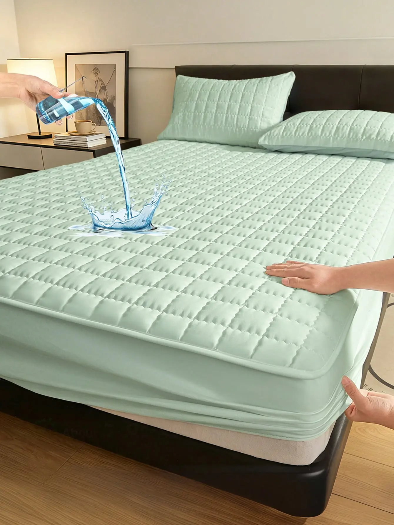 Polyester Fitted Bedding Sheet - Soft, Breathable, Wrinkle-Resistant, Flat-Weave, Waterproof Plaid with Elegant Green Curve Grid Print, Machine-Washable Bedroom Bedding Accessory, Bedding Sheets