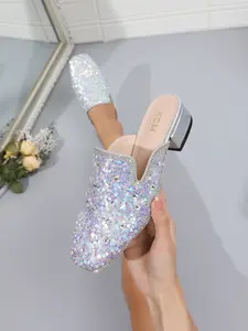 Women's Silver Iridescent Sparkly Mules Holographic Sequin Slip On Shoes Low Chunky Block Heel Square Toe Backless Loafers Comfy Dressy Evening Party Wedding Guest Prom Bling Glam Festival Footwear Trendy Statement Shoes For Ladies Y2K Disco Cute