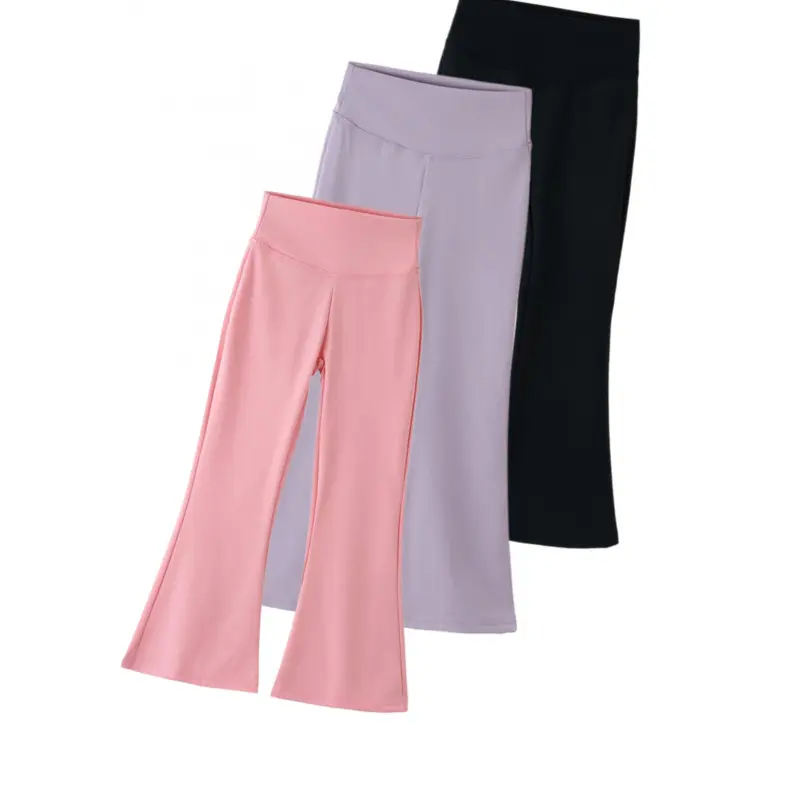 3pcs High-Waisted Bell-Bottom Pants Solid Color Heart Print Wide Trousers Elastic Waist Spring Fall Outfits for Little Girl Dance Casual Attire Gift-Worthy Comfortable Outdoor Wear for Young Girls
