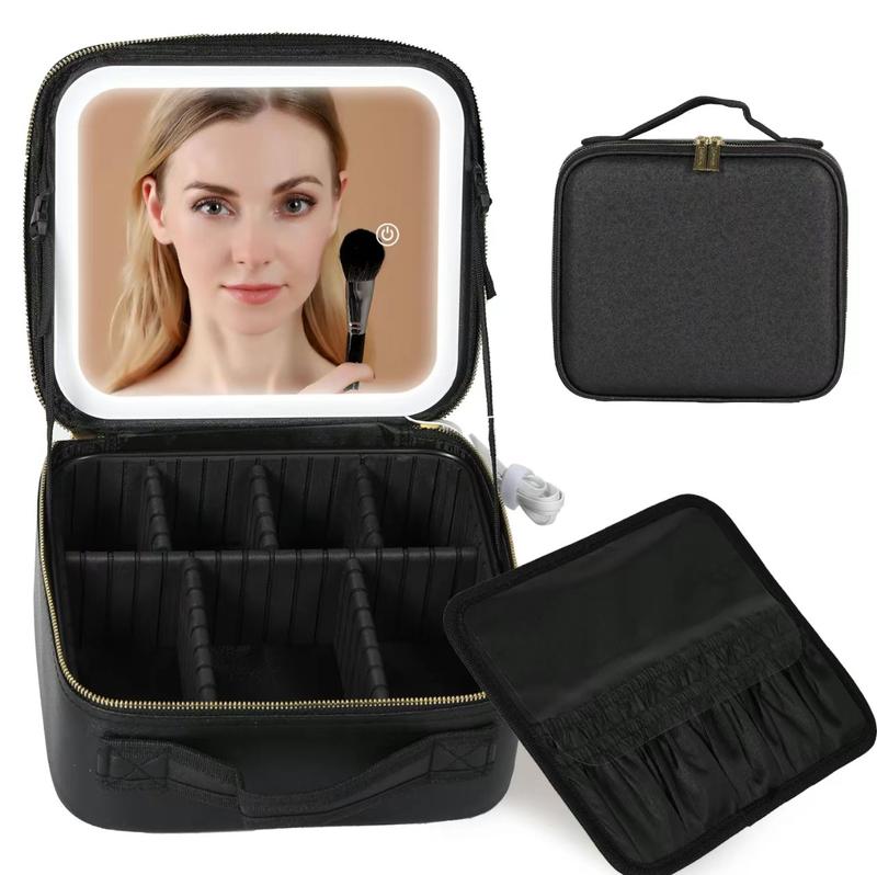 Glow-in-Bag Travel Makeup Case - Integrated Mirror with 3 Color Temperatures, Compact Cosmetic Organizer for Beauty Accessories & Makeup Tools