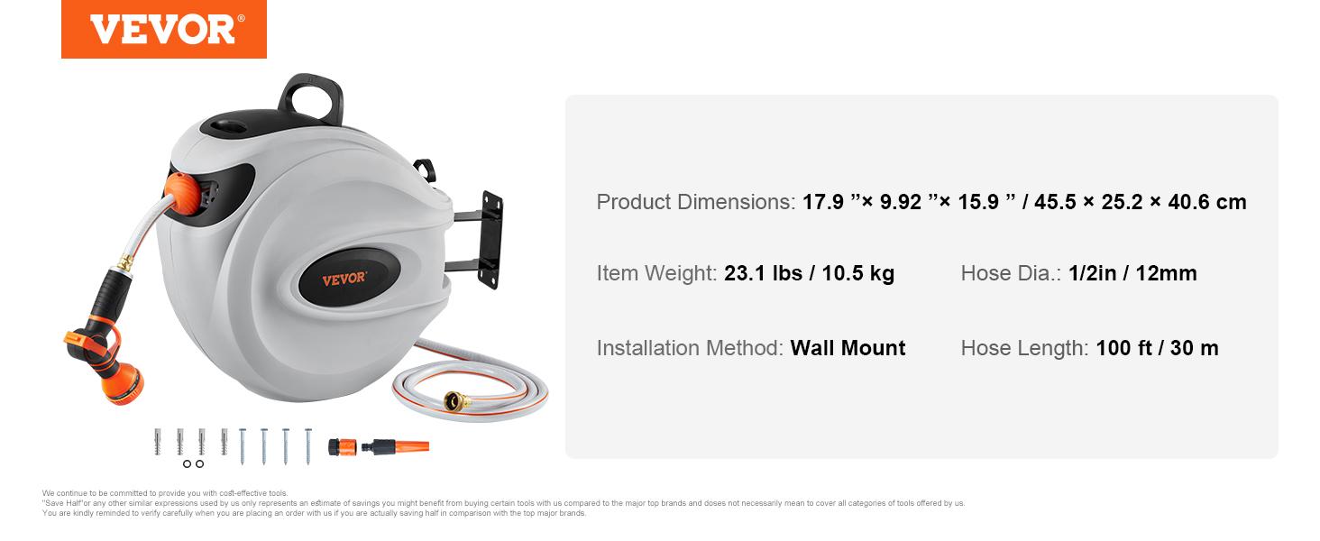 VEVOR Retractable Hose Reel, Various specifications, 100'x1/2" 180° Swivel with 9-Pattern Nozzle, Automatic Rewind, Lock at Any Length, Slow Return System