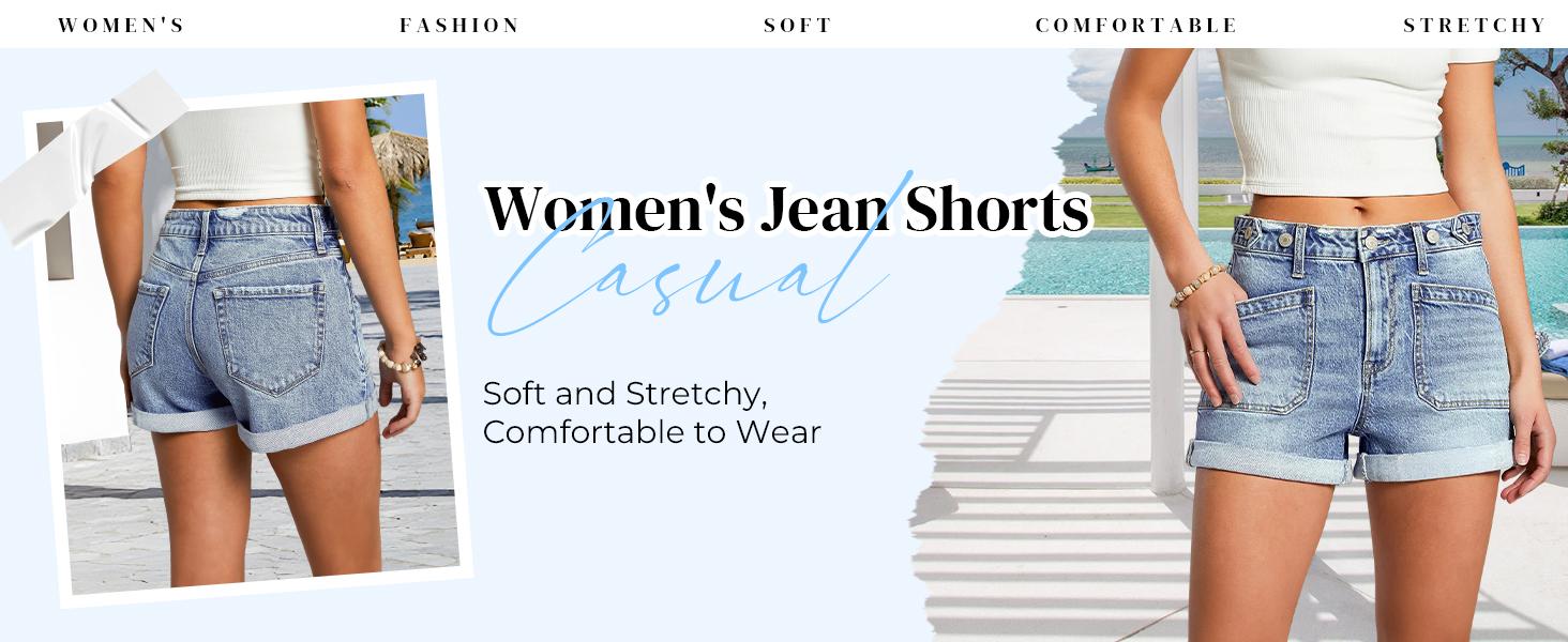 EMMIOL Women Jeans Shorts Summer Mid Rise Sexy Stretchy Denim Hot Pants with Adjustable Waist Trendy