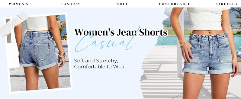 EMMIOL Women Jeans Shorts Summer Mid Rise Sexy Stretchy Denim Hot Pants with Adjustable Waist Trendy