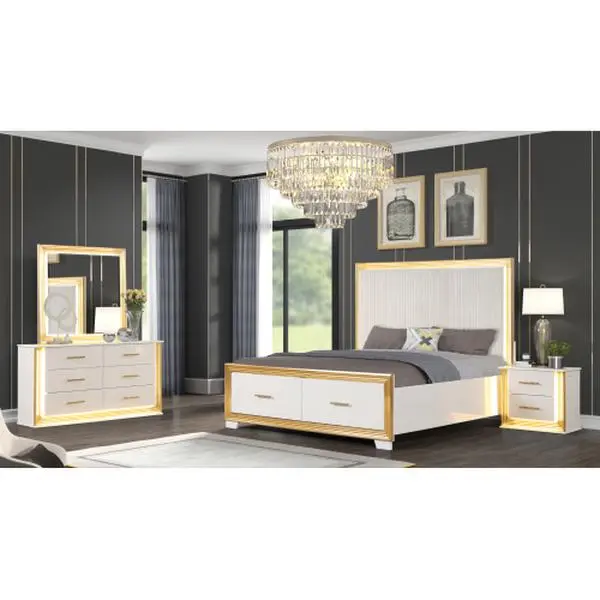 Bellemave OBSESSION Queen Bedroom Set, 4PC Contemporary Wood Furniture Set with Gold Finish,dorm essentials,home decor