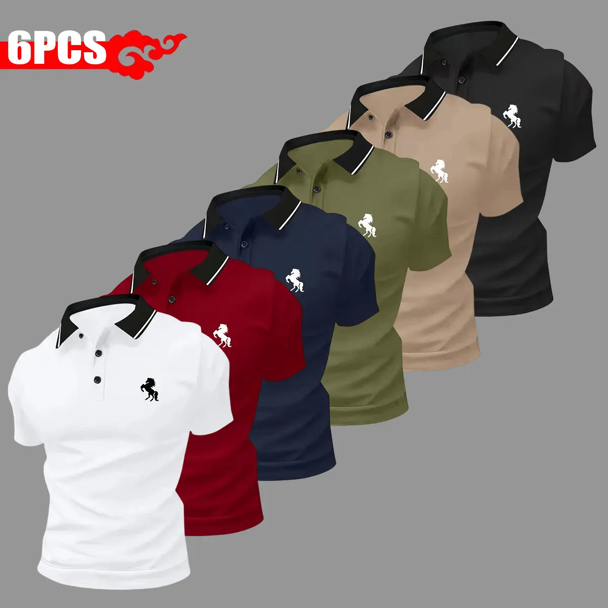 6-pack horse print men’s outdoor golf/equestrian casual polo short sleeves, mature men’s business casual polo, breathable and comfortable, suitable for spring and summer, can be worn as a layer or on its own