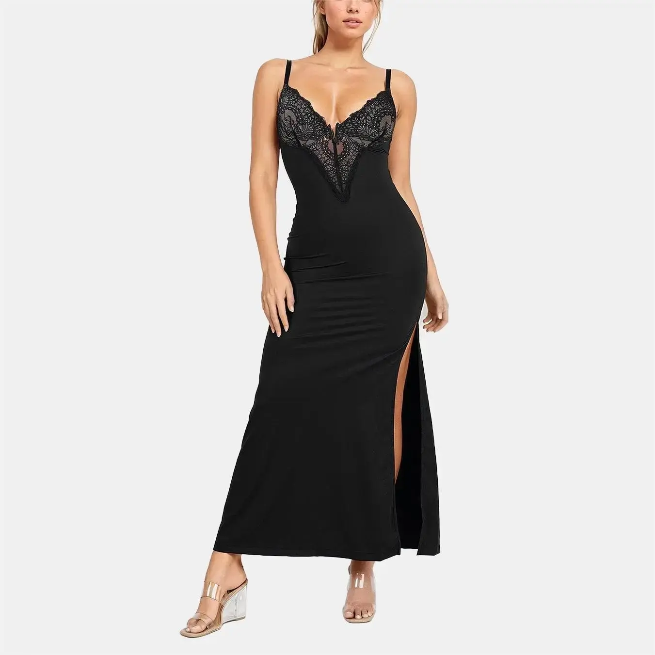 Black Lace Slip Dress Women Built In Shapewear Sexy Evening Gown S793 -  TikTok Shop