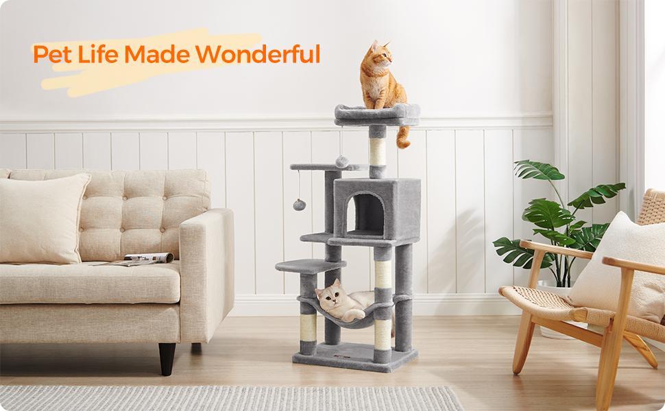 Feandrea 44.1-Inch Cat Tower for Indoor Cats, Multi-Level Cat Condo with 4 Scratching Posts, 2 Perches, Hammock, Cave Feandrea 44.1-Inch Cat Tower for Indoor Cats, Multi-Level Cat Condo with 4 Scratching Posts, 2 Perches, Hammock, Cave