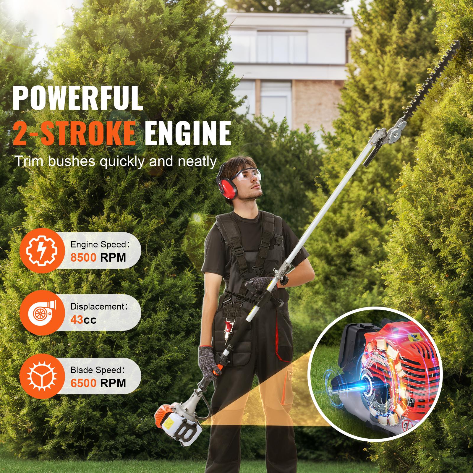 26CC&43CC 6-in-1 Multi-Functional Trimming Tools, Gas Hedge Trimmer, Weed Eater, String Trimmer, Brush Cutter, Edger, Pole Saw Chainsaw Pruner with Extension Pole
