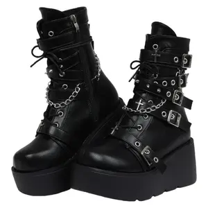 Women's Gothic Ankle Boots Adjustable Studded Metal Buckle Zipper Y2K Lace Up Chunky Sole Punk Motorcycle Combat Short Boots