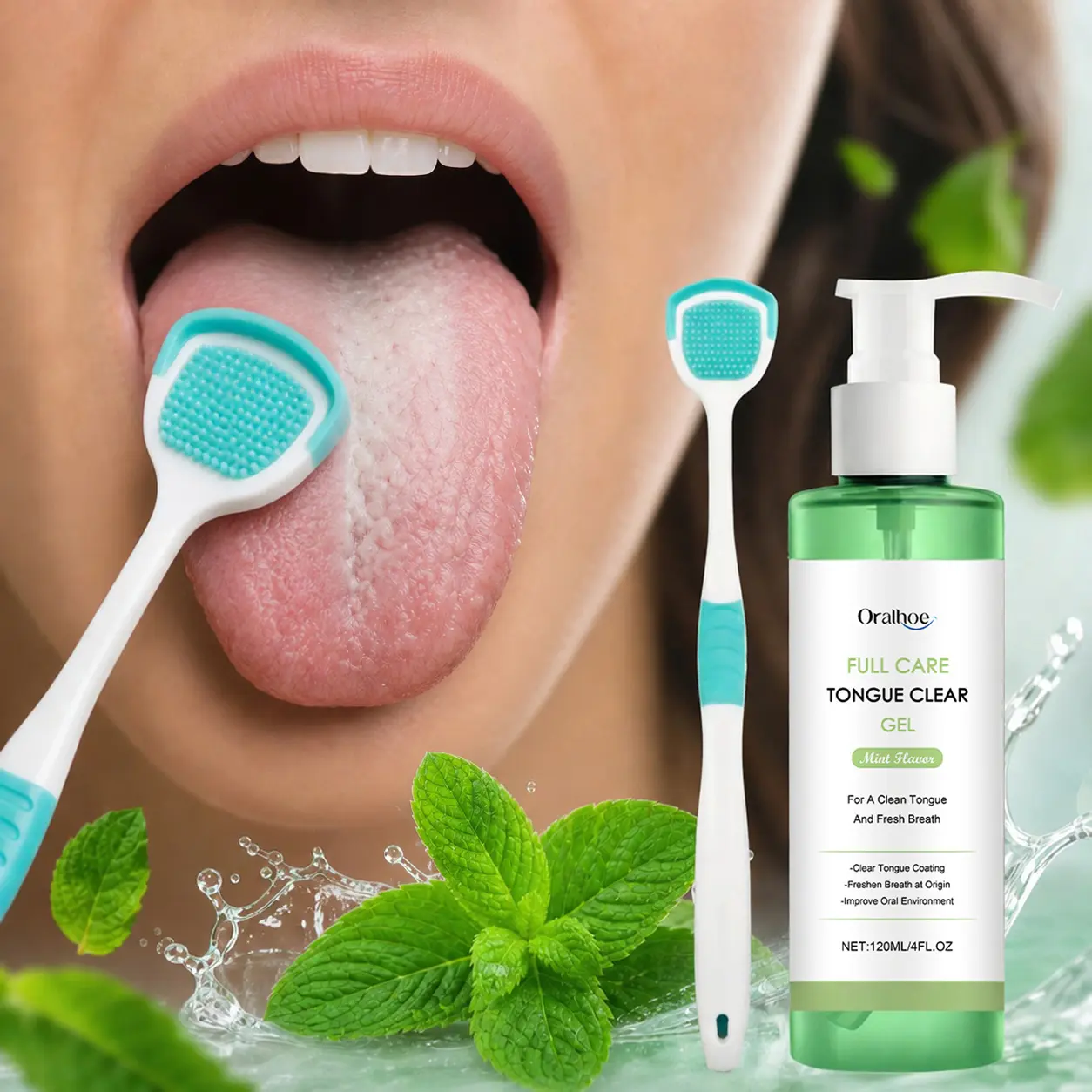 Oralhoe Soft Silicone Tongue Scraper Kit 120ml | Gentle Tongue Cleansing Gel for Sensitive Gums | Mint Fresh Breath | Remove Tongue Plaque & Coating | Daily Oral Care Travel Kit